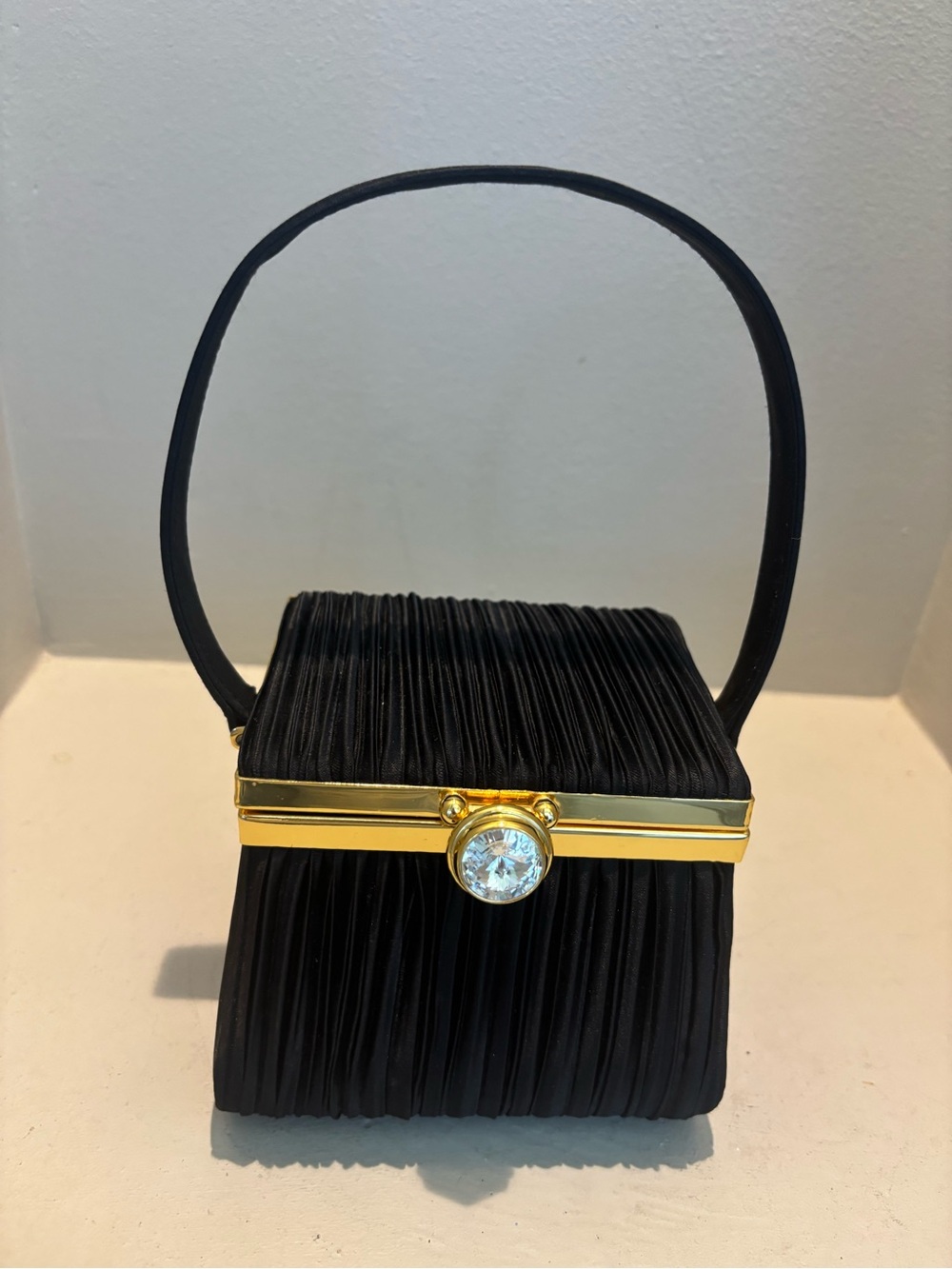 Vintage black pleated evening box clutch  rhinestone-encrusted gold clasp mirror